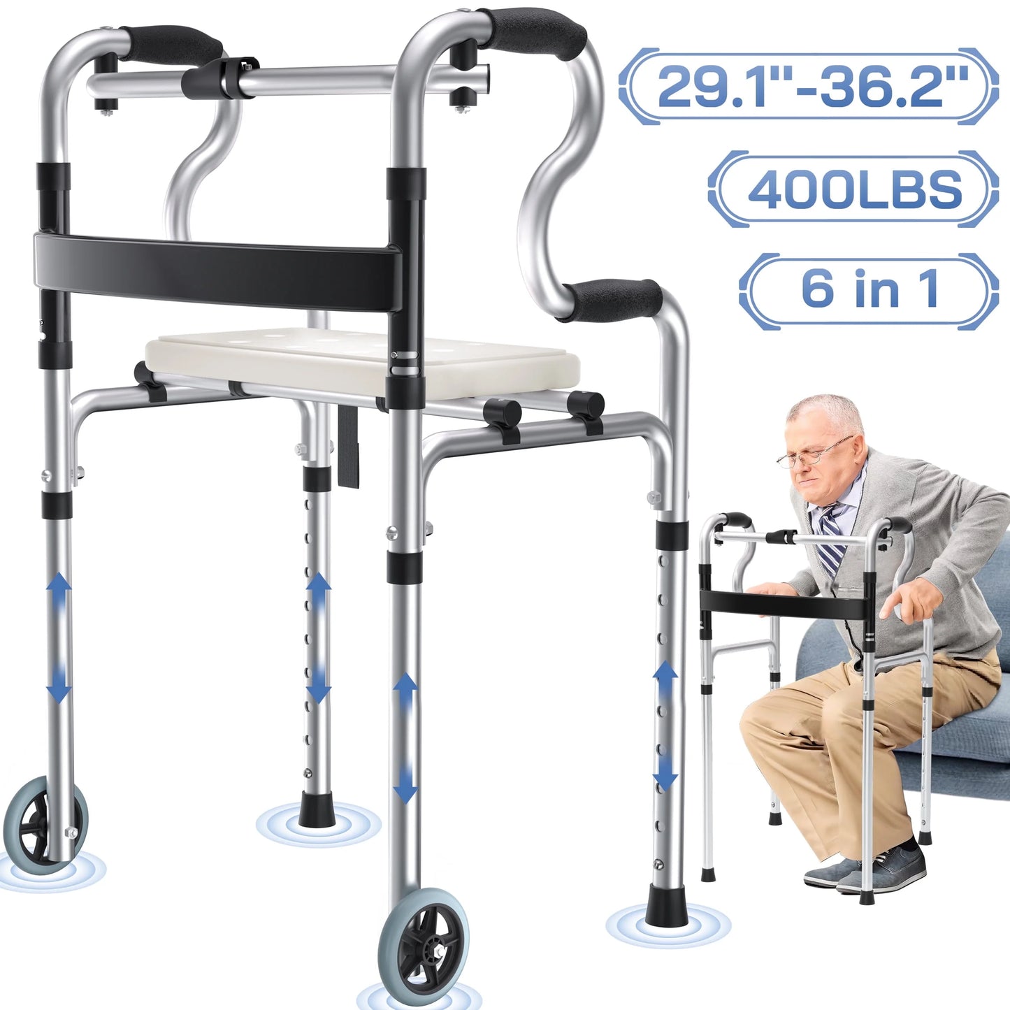 3-In-1 Folding Rolling Walker with 5" Wheels | Adjustable Height (29.1"-36.2") for Seniors & Adults | Lightweight Foldable Walker | Supports up to 400 Lbs
