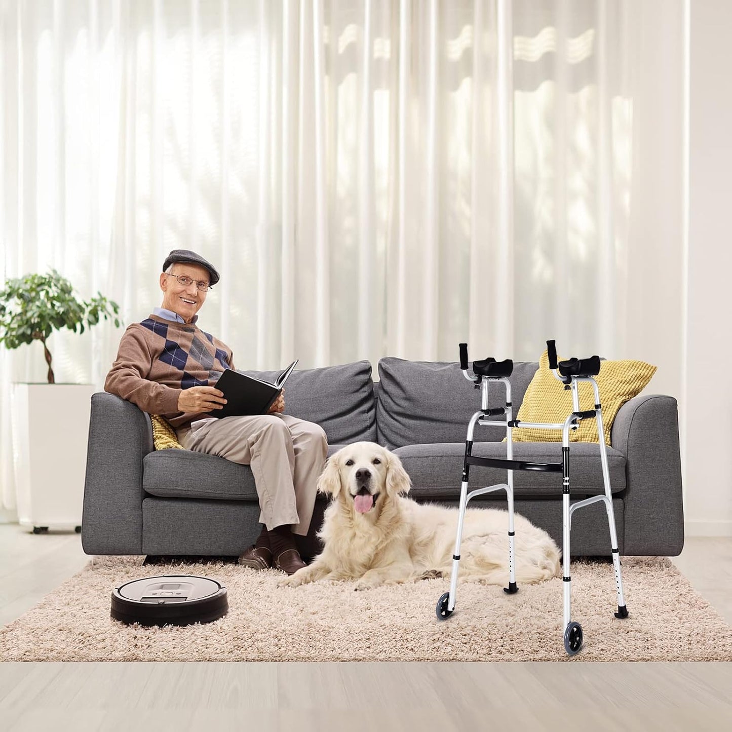 Walkers for Seniors, Foldable Standard Walker with 5’’ Wheels and Removable Padded Armrests 220Lbs, Lightweight Walking Mobility Aid, Folding Platform Walker for Elderly, Handicap, Disabled