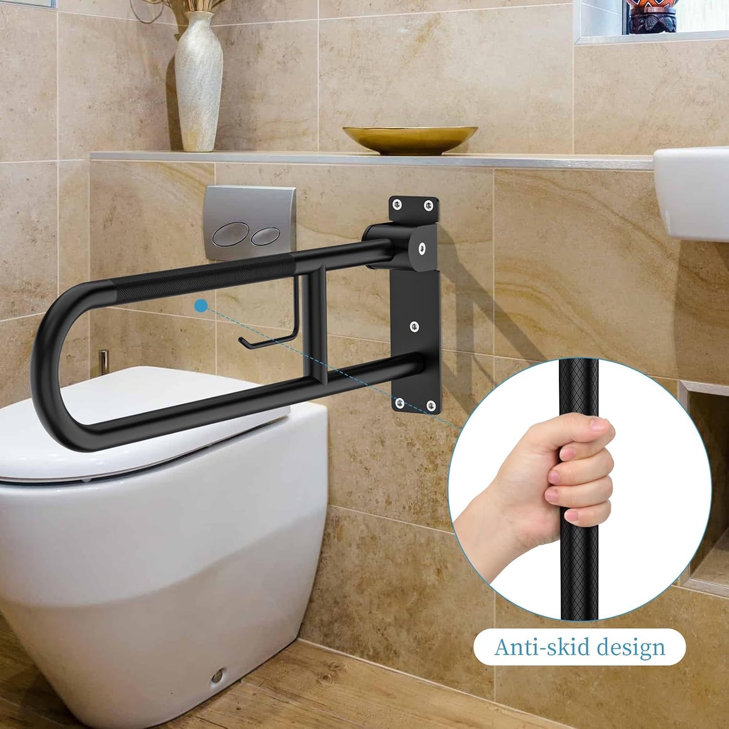 Toilet Grab Bar 32 Inch Black, Anti-Slip Handicap Grab Bars with Paper Holder, Flip-Up Bathroom Safety Rails, Stainless Steel Knurled Support Handrails for Seniors Elderly Disabled Pregnant