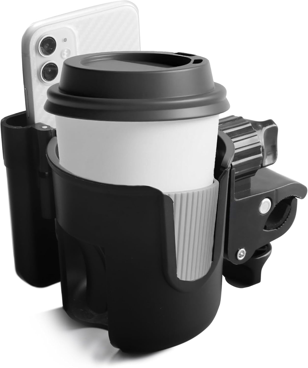 2-In-1 Walker Cup Holder with Reversible Phone Holder，Fit for Wheelchair, Rollator, Scooter, Bike, Mobility, Camper, Stroller with Sturdy,Rotatable,Adjustable and anti - Slip Clip