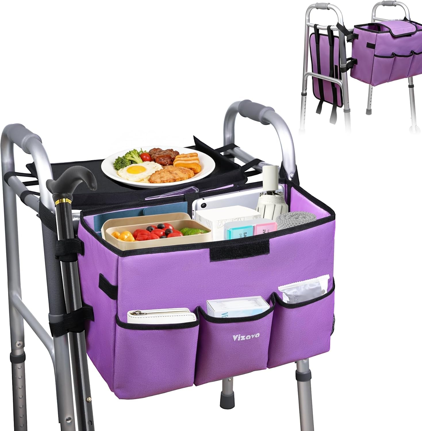 Upgrade Walker Basket with Tray, Detachable Walker Tray for Folding Walkers, Storage Bag with Cup & Cane Holder, Water-Resistant Walker Accessories for Seniors