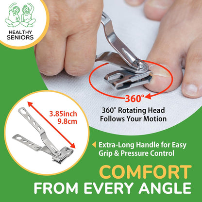 Toenail Clippers for Seniors Thick Toenails - 4-Piece Heavy Duty Nail Clipper Set with Podiatrist Grade Tools, Wide Jaw and Rotating Head Clippers for Elderly Adults