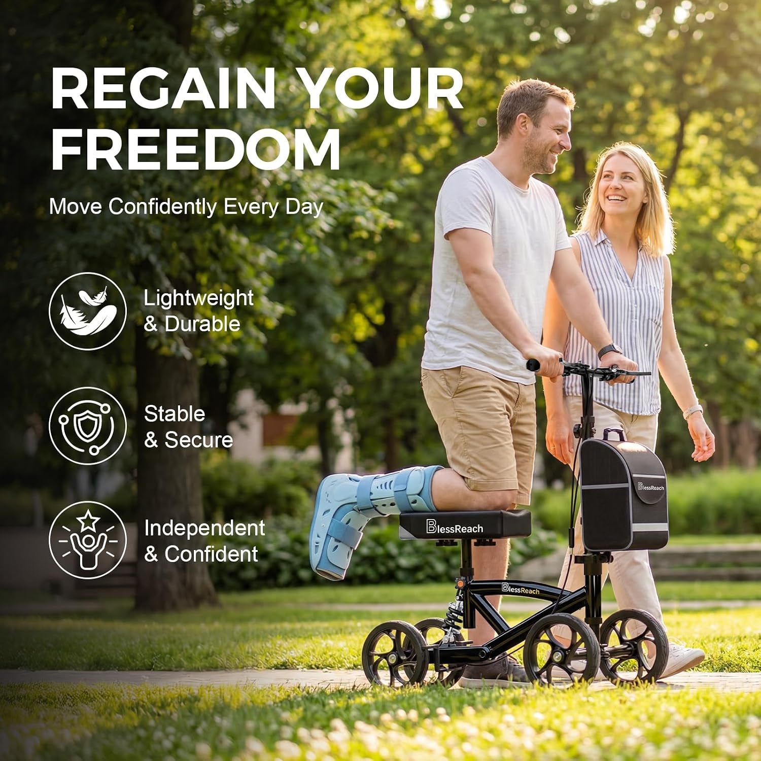 Steerable Knee Walker Deluxe Medical Scooter for Foot Injuries Compact Crutches, with Dual Rear On-Wheel Brake and Shock Absorption under the Knee Pad, Black