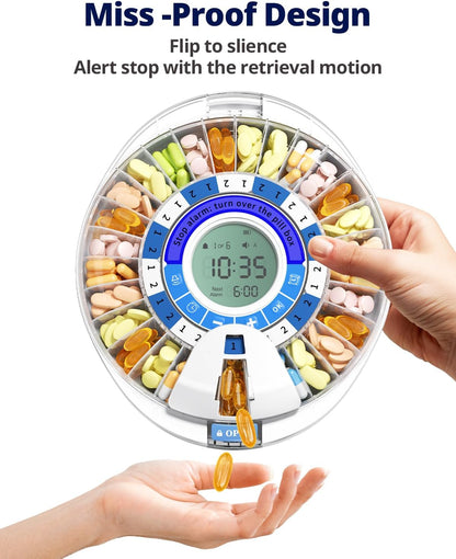Automatic Pill Dispenser for Elderly - 28 Slots, Locking, Alarm & Light Reminder