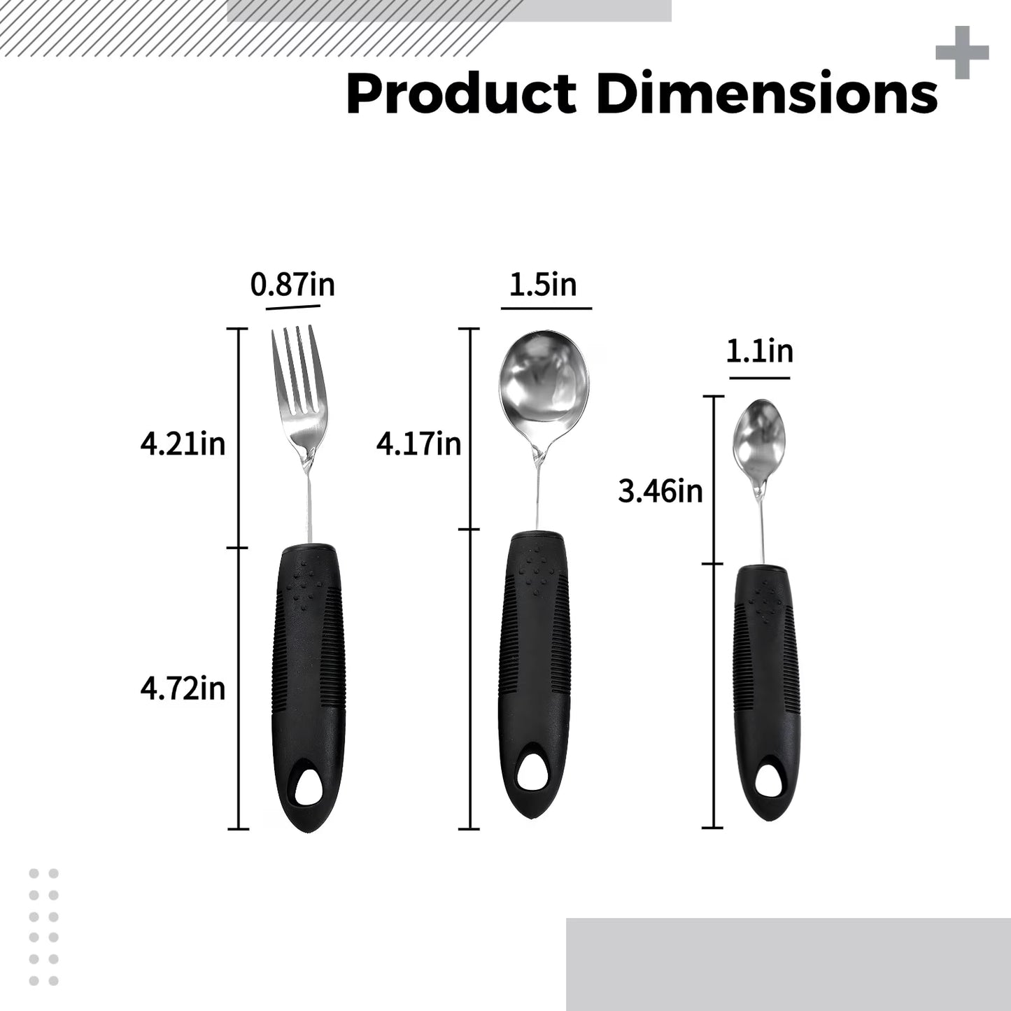 3 Pcs Adaptive Utensils Set, Bendable Anti-Shake Comfort Grip Eating Aids for Elderly, Stainless Steel Weighted Silverware with Black Rubber Plastic Handle, Include Fork, Spoon and Small Spoon