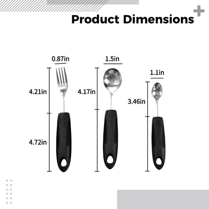 3 Pcs Adaptive Utensils Set, Bendable Anti-Shake Comfort Grip Eating Aids for Elderly, Stainless Steel Weighted Silverware with Black Rubber Plastic Handle, Include Fork, Spoon and Small Spoon