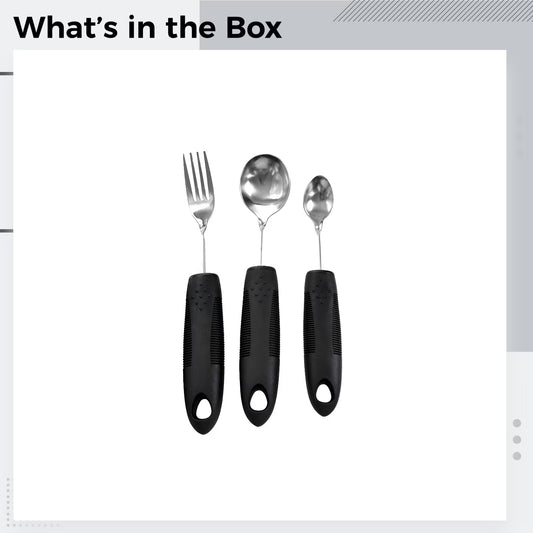 3 Pcs Adaptive Utensils Set, Bendable Anti-Shake Comfort Grip Eating Aids for Elderly, Stainless Steel Weighted Silverware with Black Rubber Plastic Handle, Include Fork, Spoon and Small Spoon