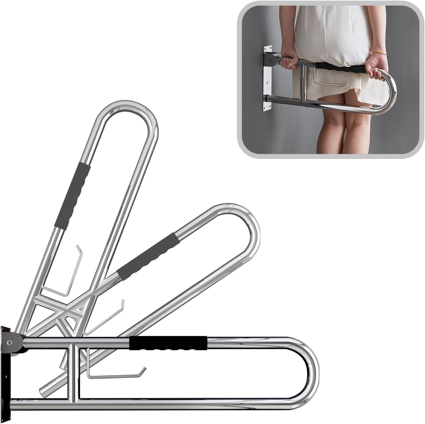 31 Inch Toilet Grab Bar, Flip-Upsafety Rail with Soft Silicone Anti-Slio Finger-Grio Handle Andpaper Holder, Stainless Steel U-Shaped Support Bar for Elderlydisabled, Polished Chrome