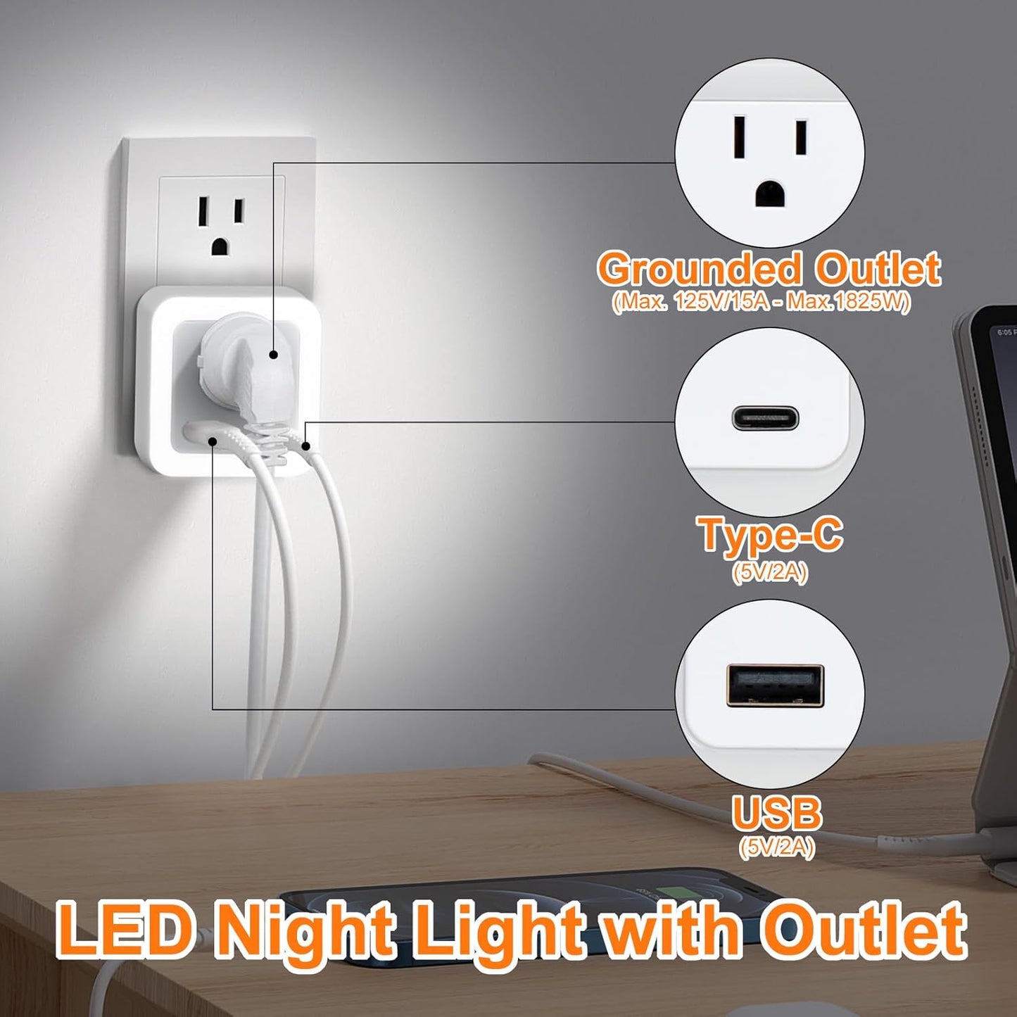 Night Lights Plug into Wall 4 Pack Rechargeable Battery Backup Light Dusk to Dawn Sensor Night Light with Outlet Expander for Adults Kids Bedroom, Kitchen, and Bathroom (4, Cool White, 5000K)