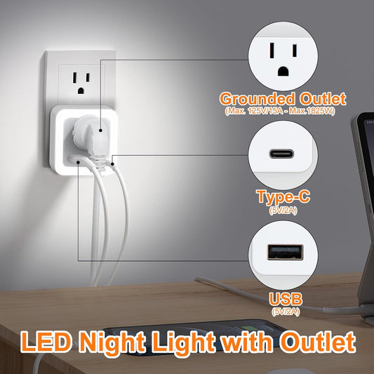Night Lights Plug into Wall 4 Pack Rechargeable Battery Backup Light Dusk to Dawn Sensor Night Light with Outlet Expander for Adults Kids Bedroom, Kitchen, and Bathroom (4, Cool White, 5000K)