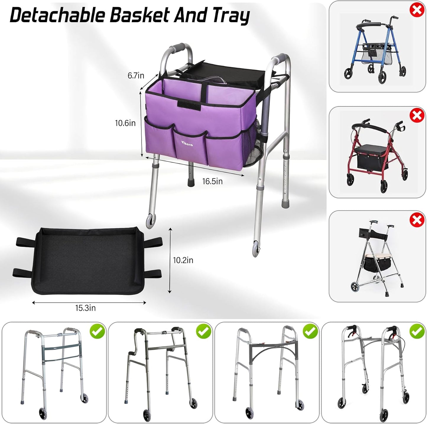 Upgrade Walker Basket with Tray, Detachable Walker Tray for Folding Walkers, Storage Bag with Cup & Cane Holder, Water-Resistant Walker Accessories for Seniors