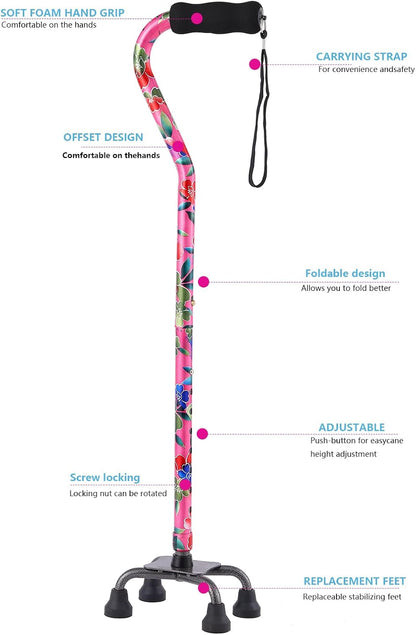 Floral Quad Cane for Women, Adjustable Walking Canes with 3-In-1 Interchangeable Base(3 Tips) for Versatile Support, Stylish & Stable Mobility Aid for Seniors Confidence