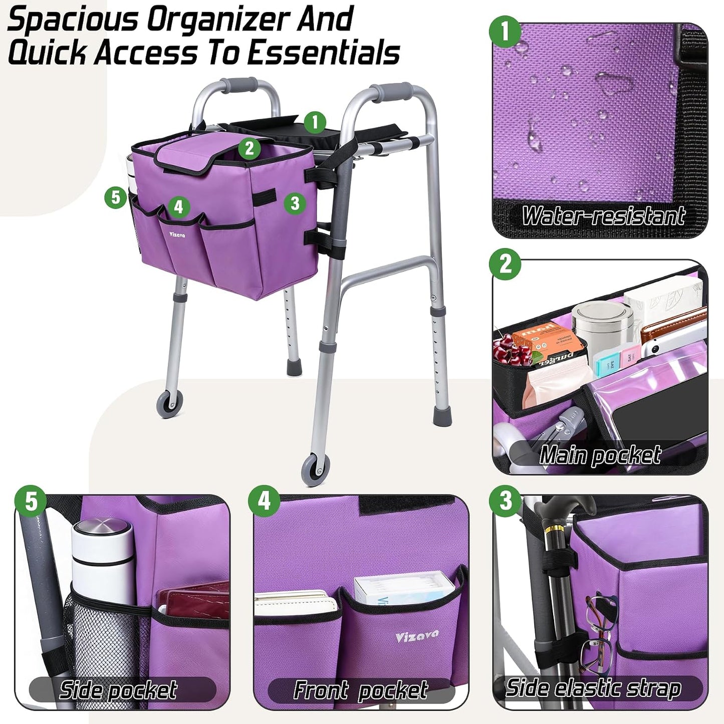 Upgrade Walker Basket with Tray, Detachable Walker Tray for Folding Walkers, Storage Bag with Cup & Cane Holder, Water-Resistant Walker Accessories for Seniors