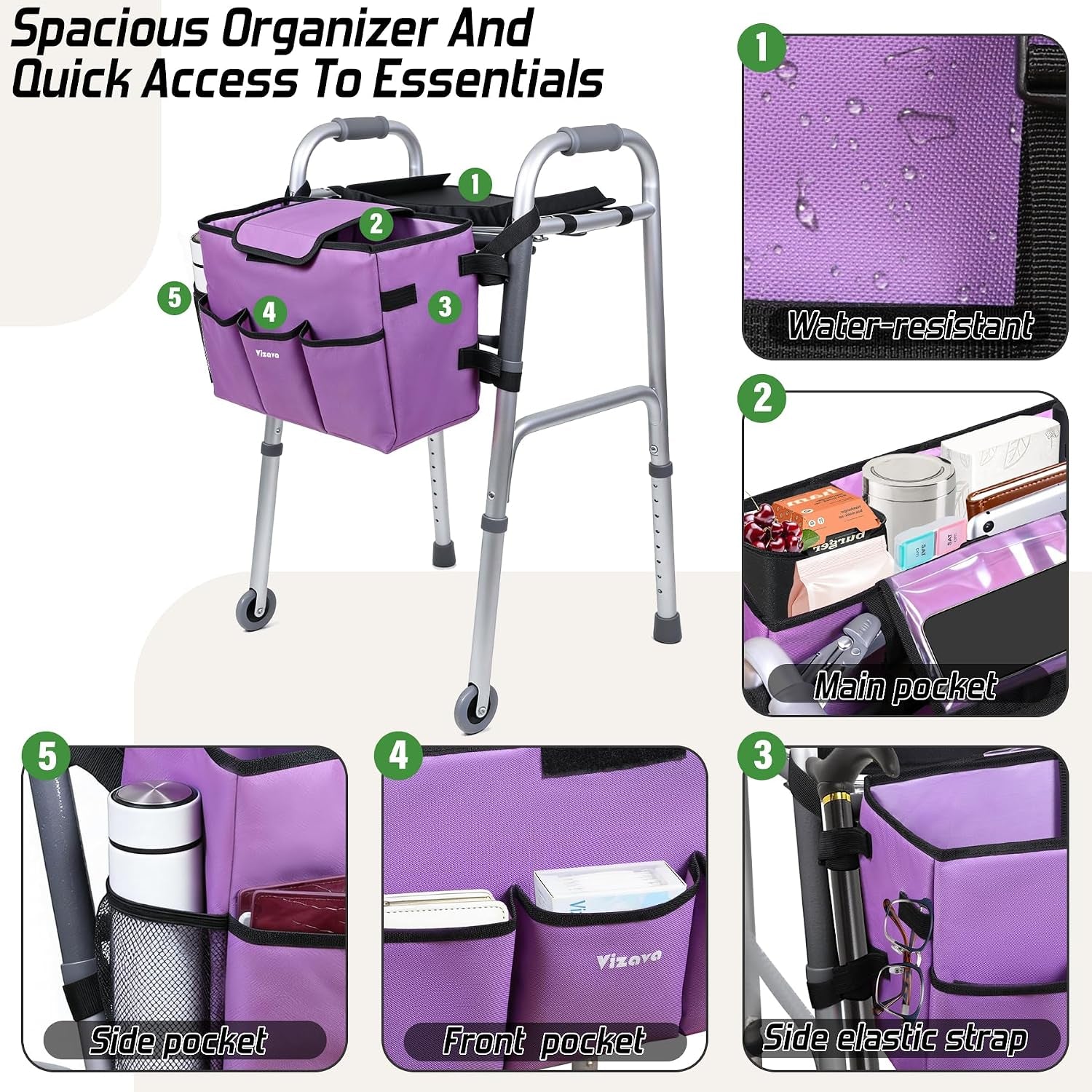 Upgrade Walker Basket with Tray, Detachable Walker Tray for Folding Walkers, Storage Bag with Cup & Cane Holder, Water-Resistant Walker Accessories for Seniors