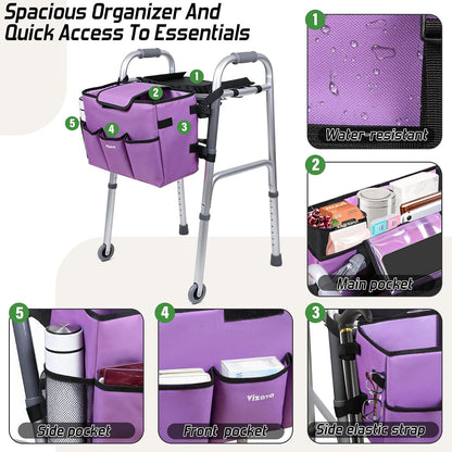 Upgrade Walker Basket with Tray, Detachable Walker Tray for Folding Walkers, Storage Bag with Cup & Cane Holder, Water-Resistant Walker Accessories for Seniors