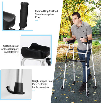 Walkers for Seniors, Foldable Standard Walker with 5’’ Wheels and Removable Padded Armrests 220Lbs, Lightweight Walking Mobility Aid, Folding Platform Walker for Elderly, Handicap, Disabled