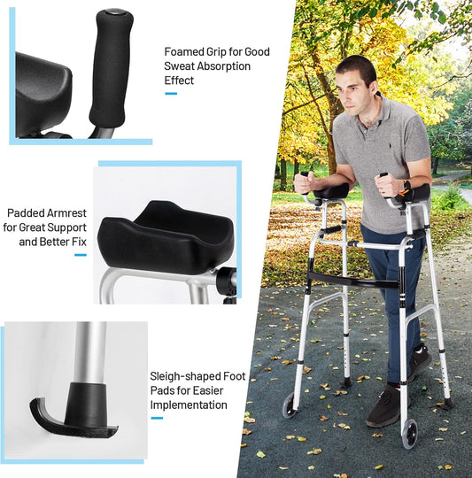 Walkers for Seniors, Foldable Standard Walker with 5’’ Wheels and Removable Padded Armrests 220Lbs, Lightweight Walking Mobility Aid, Folding Platform Walker for Elderly, Handicap, Disabled