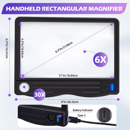 Rechargeable Full-Page LED Magnifying Glass for Reading, 6X-30X