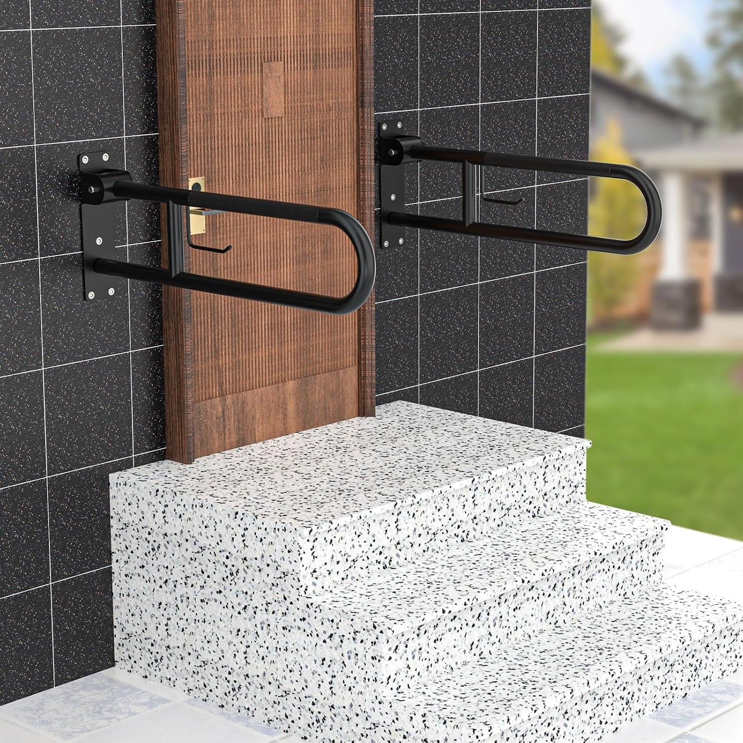 Toilet Grab Bar 32 Inch Black,  Anti-Slip Handicap Grab Bars with Paper Holder, Flip-Up Bathroom Safety Rails, Stainless Steel Knurled Support Handrails for Seniors Elderly Disabled Pregnant