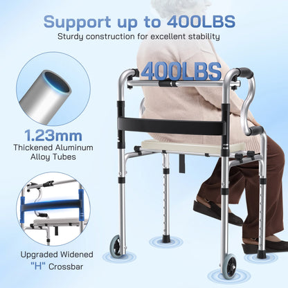 3-In-1 Folding Rolling Walker with 5" Wheels | Adjustable Height (29.1"-36.2") for Seniors & Adults | Lightweight Foldable Walker | Supports up to 400 Lbs