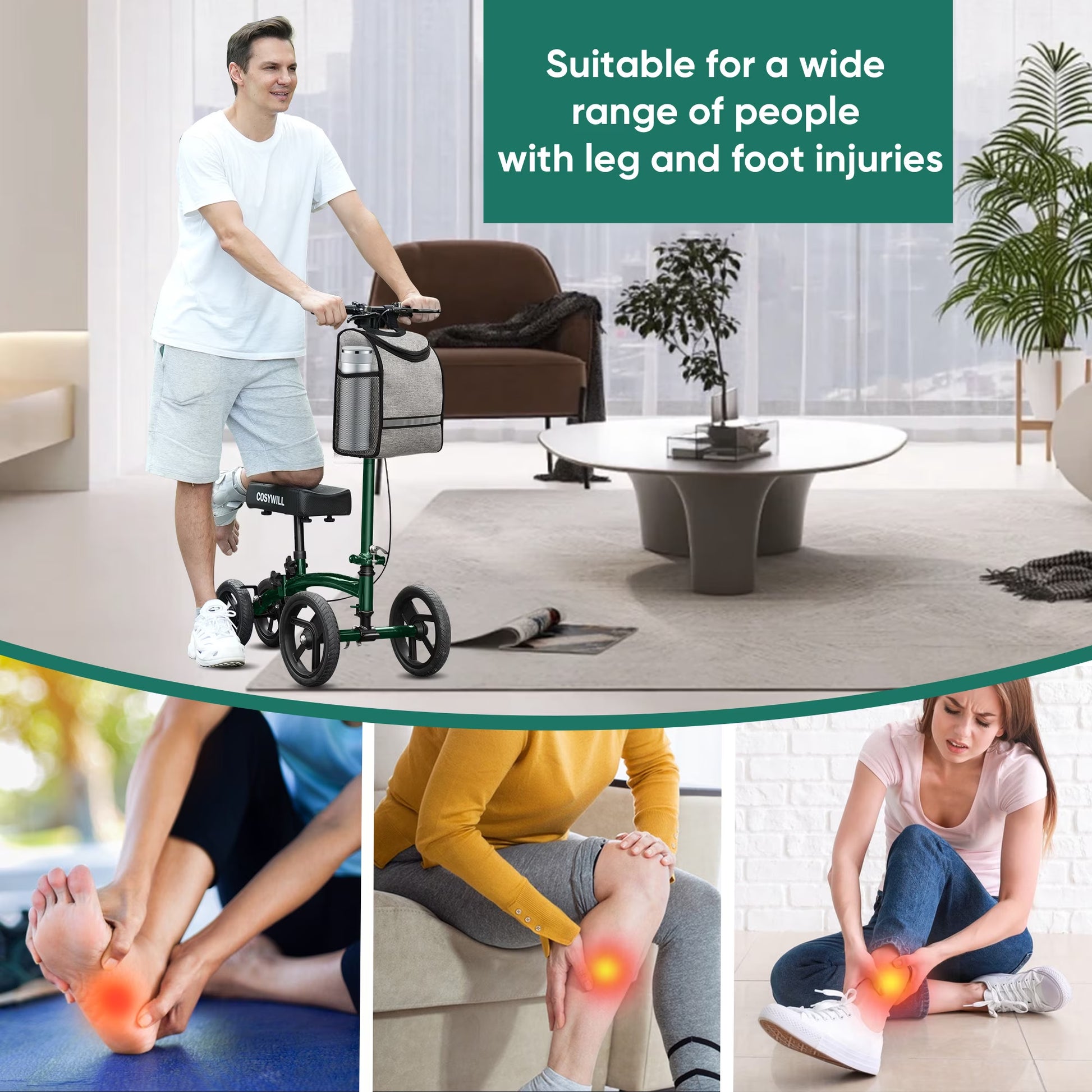 Steerable Knee Scooter,Economy Knee Walker,All Terrain Foldable Medical Scooter for Foot Injuries Crutches Alternative,Green