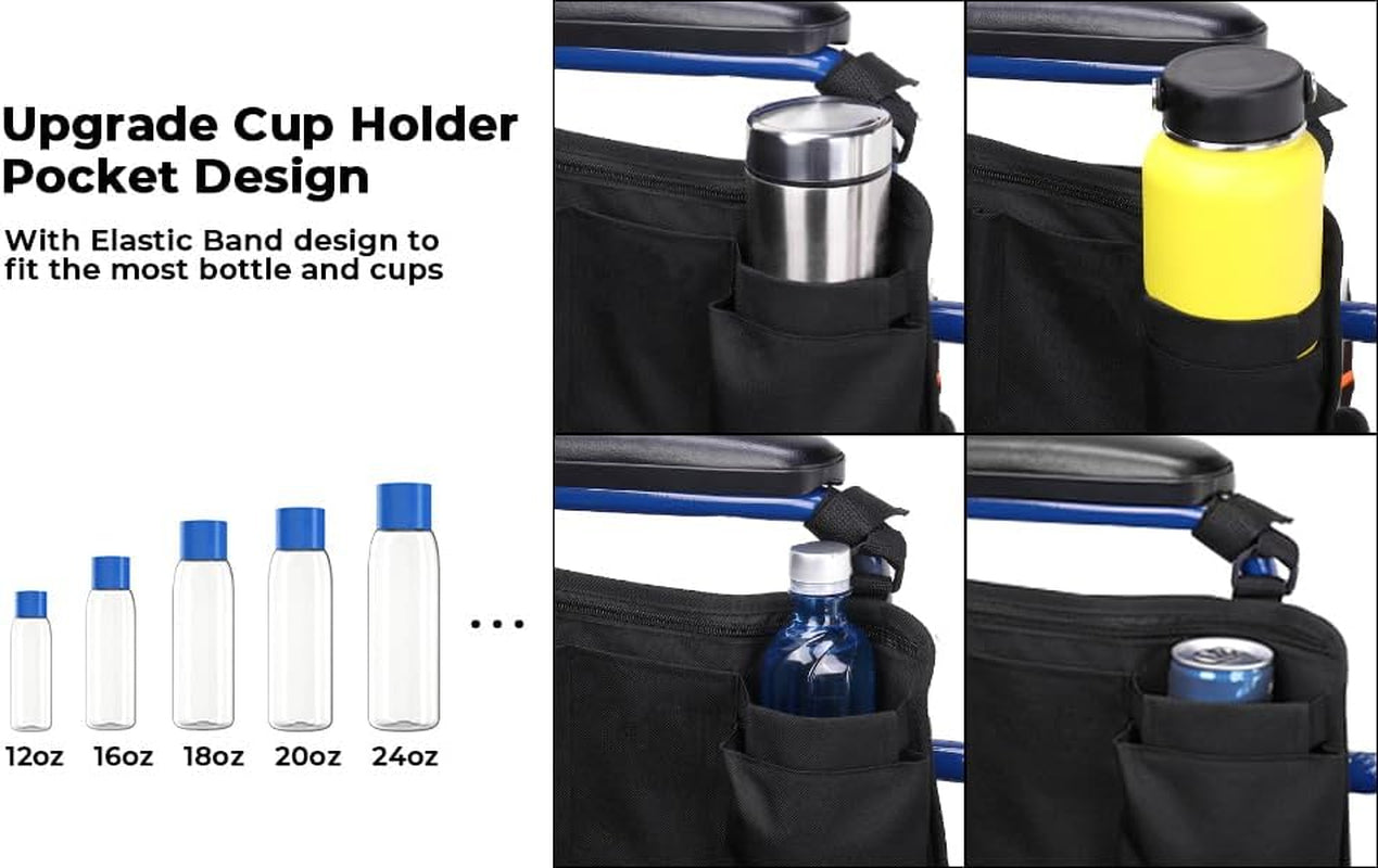 Walker Side Bag, Wheelchair Armrest Storage Pouch with Cup Holder, Wheelchair Accessories for Seniors, Walker Bag Cup Holder for Walker, Rollator, Electric Scooter or Wheelchair Black