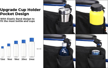 Walker Side Bag, Wheelchair Armrest Storage Pouch with Cup Holder, Wheelchair Accessories for Seniors, Walker Bag Cup Holder for Walker, Rollator, Electric Scooter or Wheelchair Black