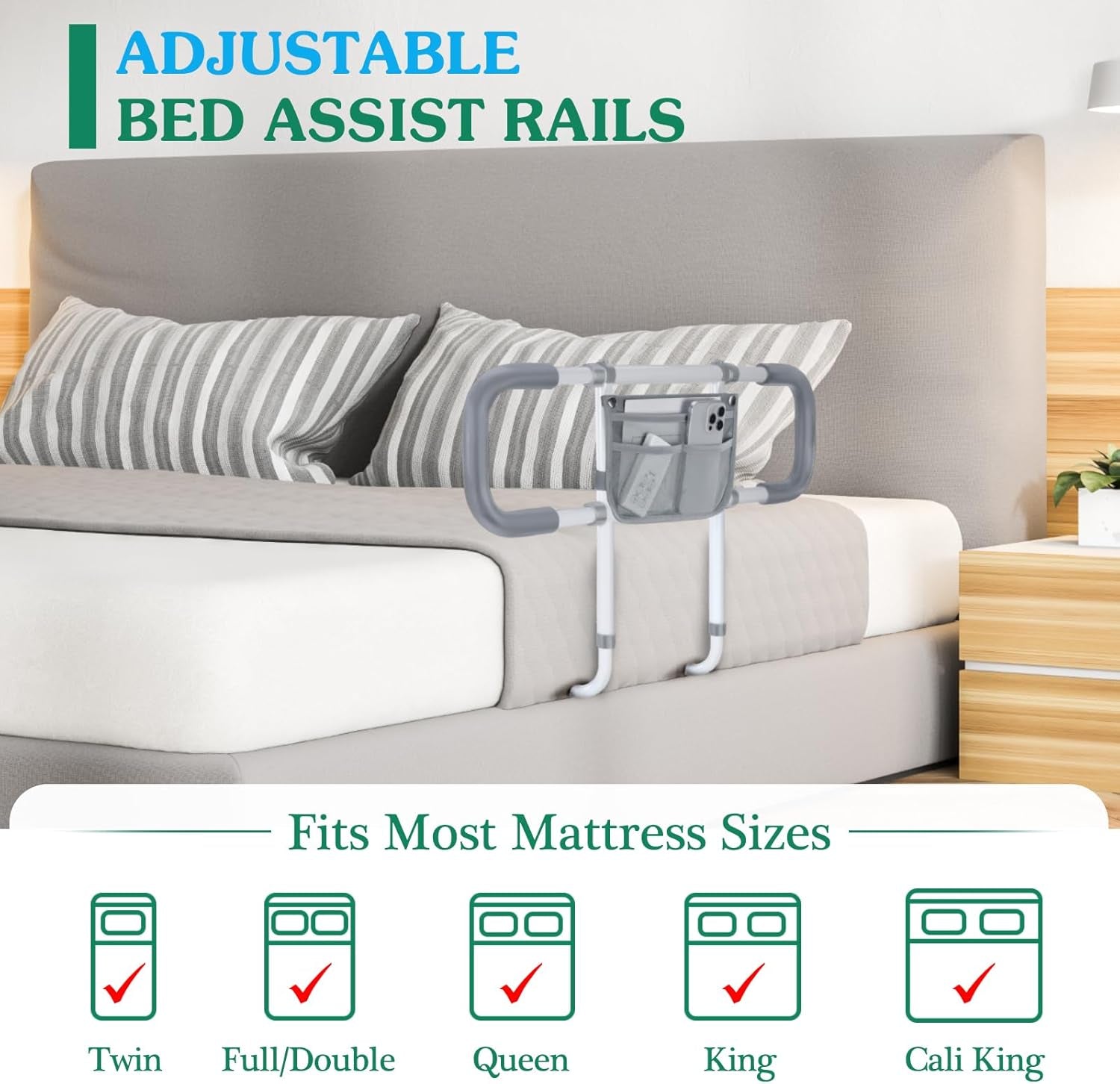 Bed Rails for Elderly Adults Safety - Extended Bed Assist Rail for Seniors - Adjustable Beds Side Rails Handle Support Bar Bed Guard with Storage Bag & Fixing Strap, Fit King Queen Full Twin Beds
