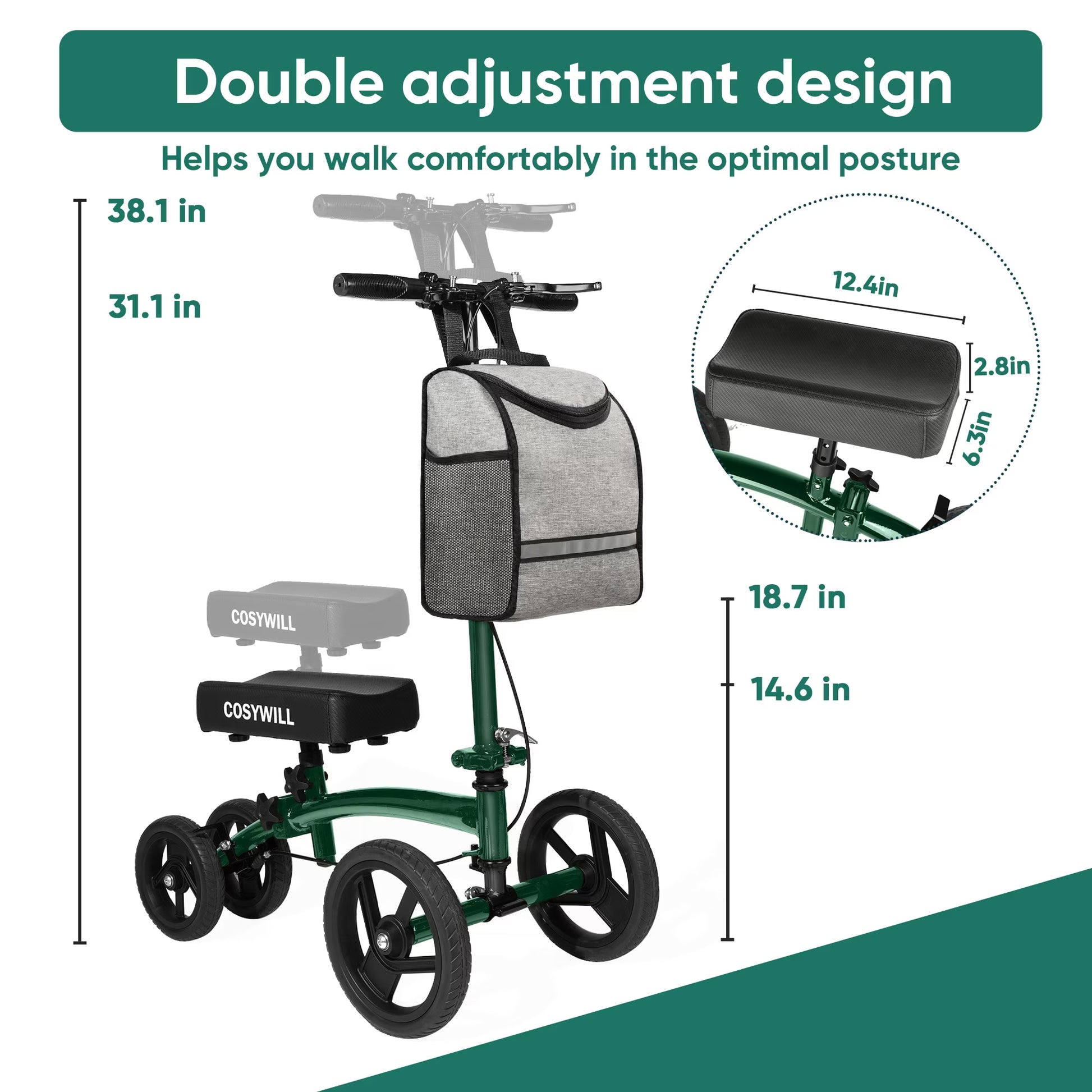 Steerable Knee Scooter,Economy Knee Walker,All Terrain Foldable Medical Scooter for Foot Injuries Crutches Alternative,Green