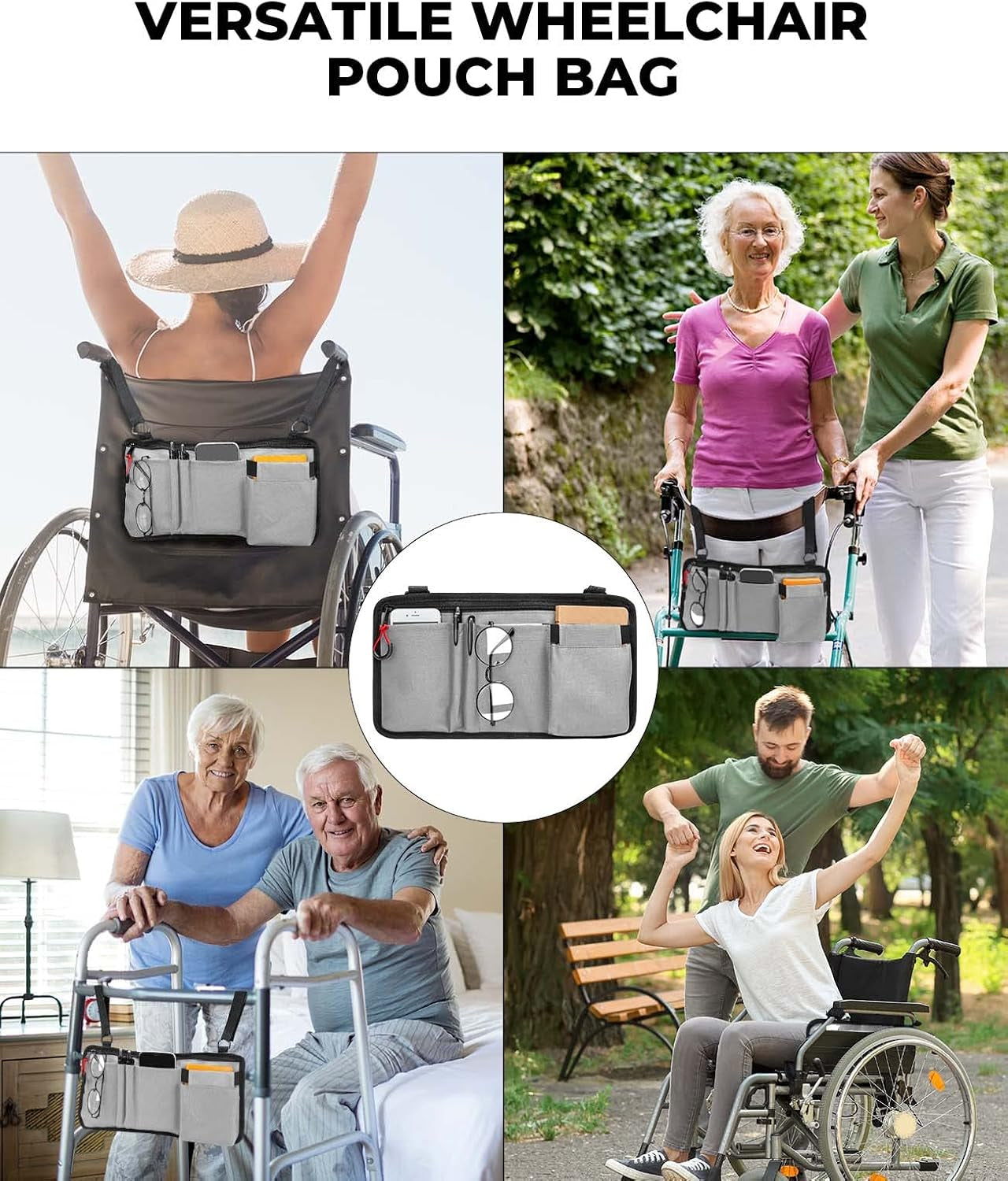 Walker Side Bag, Wheelchair Armrest Storage Pouch with Cup Holder, Wheelchair Accessories for Seniors, Walker Bag Cup Holder for Walker, Rollator, Electric Scooter or Wheelchair