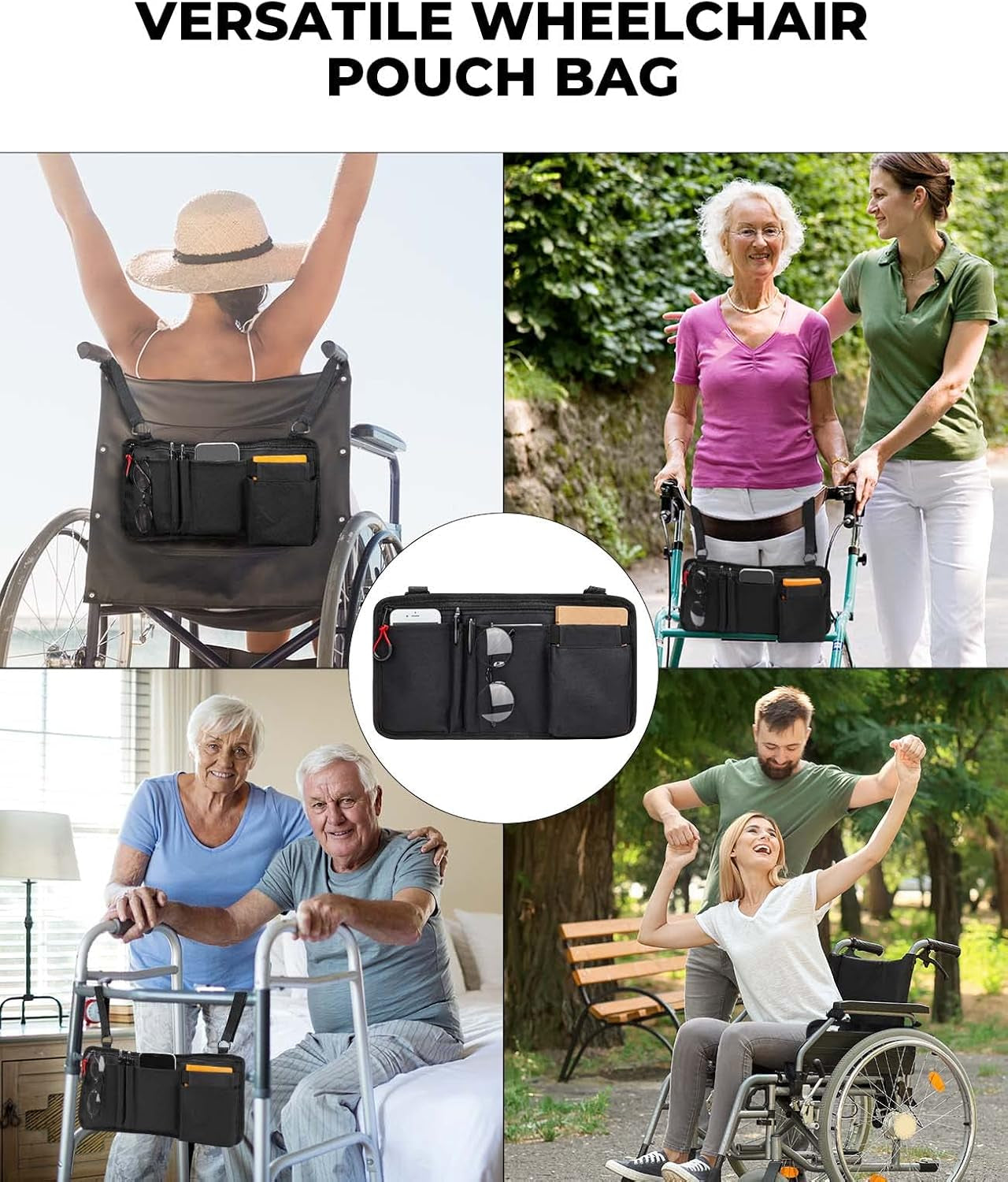 Walker Side Bag, Wheelchair Armrest Storage Pouch with Cup Holder, Wheelchair Accessories for Seniors, Walker Bag Cup Holder for Walker, Rollator, Electric Scooter or Wheelchair Black