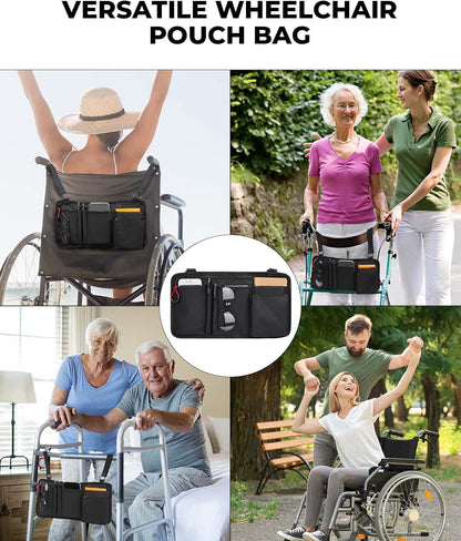 Walker Side Bag, Wheelchair Armrest Storage Pouch with Cup Holder, Wheelchair Accessories for Seniors, Walker Bag Cup Holder for Walker, Rollator, Electric Scooter or Wheelchair Black