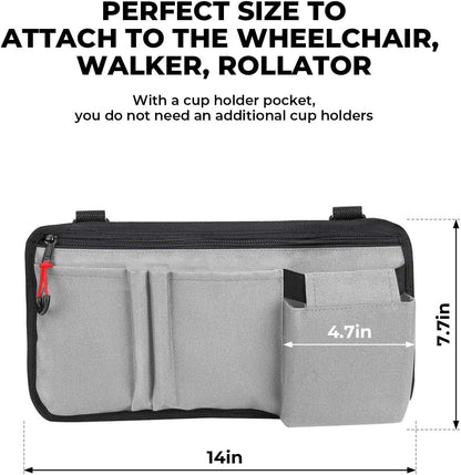 Walker Side Bag, Wheelchair Armrest Storage Pouch with Cup Holder, Wheelchair Accessories for Seniors, Walker Bag Cup Holder for Walker, Rollator, Electric Scooter or Wheelchair