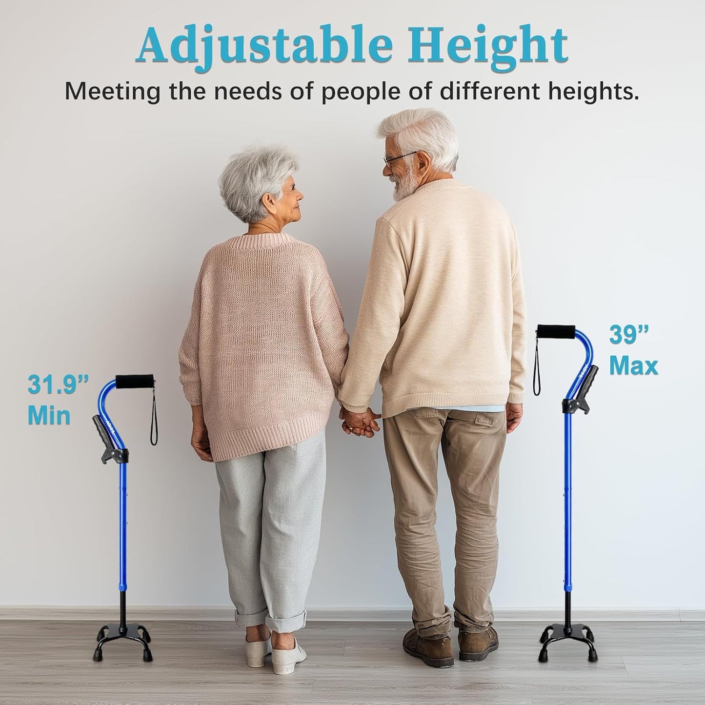 Quad Walking Cane Foldable Adjustable Portable Stick Men & Women and Seniors - Lightweight & Sturdy with 4-Pronged Base for Extra Stability Balance,Self Standing Gifts for Mom Dad