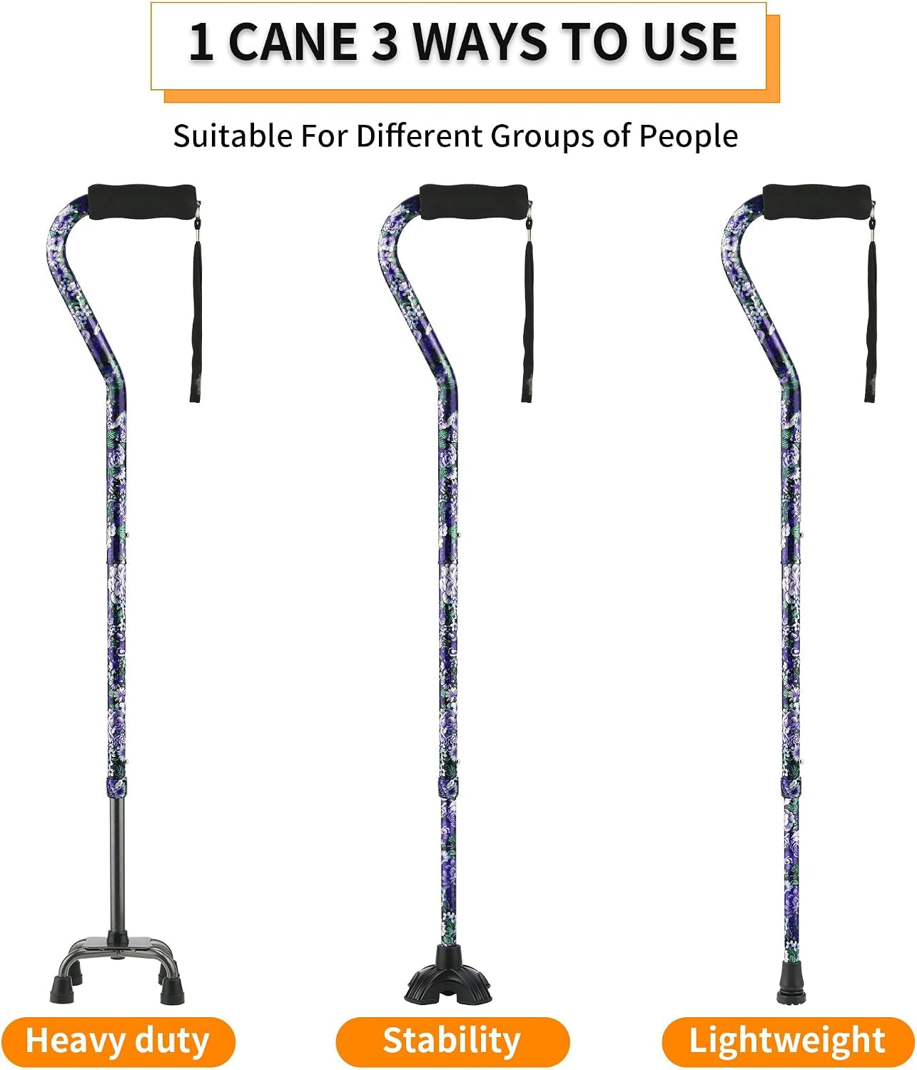Floral Quad Cane for Women, Adjustable Walking Canes with 3-In-1 Interchangeable Base(3 Tips) for Versatile Support, Stylish & Stable Mobility Aid for Seniors Confidence