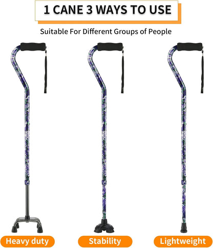 Floral Quad Cane for Women, Adjustable Walking Canes with 3-In-1 Interchangeable Base(3 Tips) for Versatile Support, Stylish & Stable Mobility Aid for Seniors Confidence