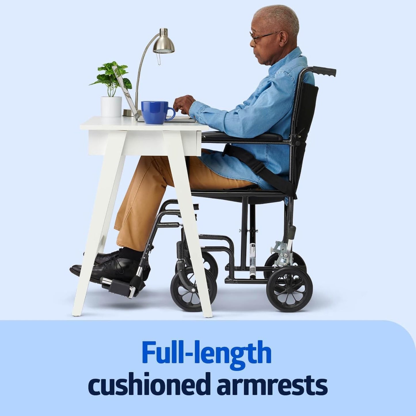 Dr Dunley Folding Transport Wheelchair with Swing-Away Footrests,19" Wide Padded Seat, Full-Length Armrests