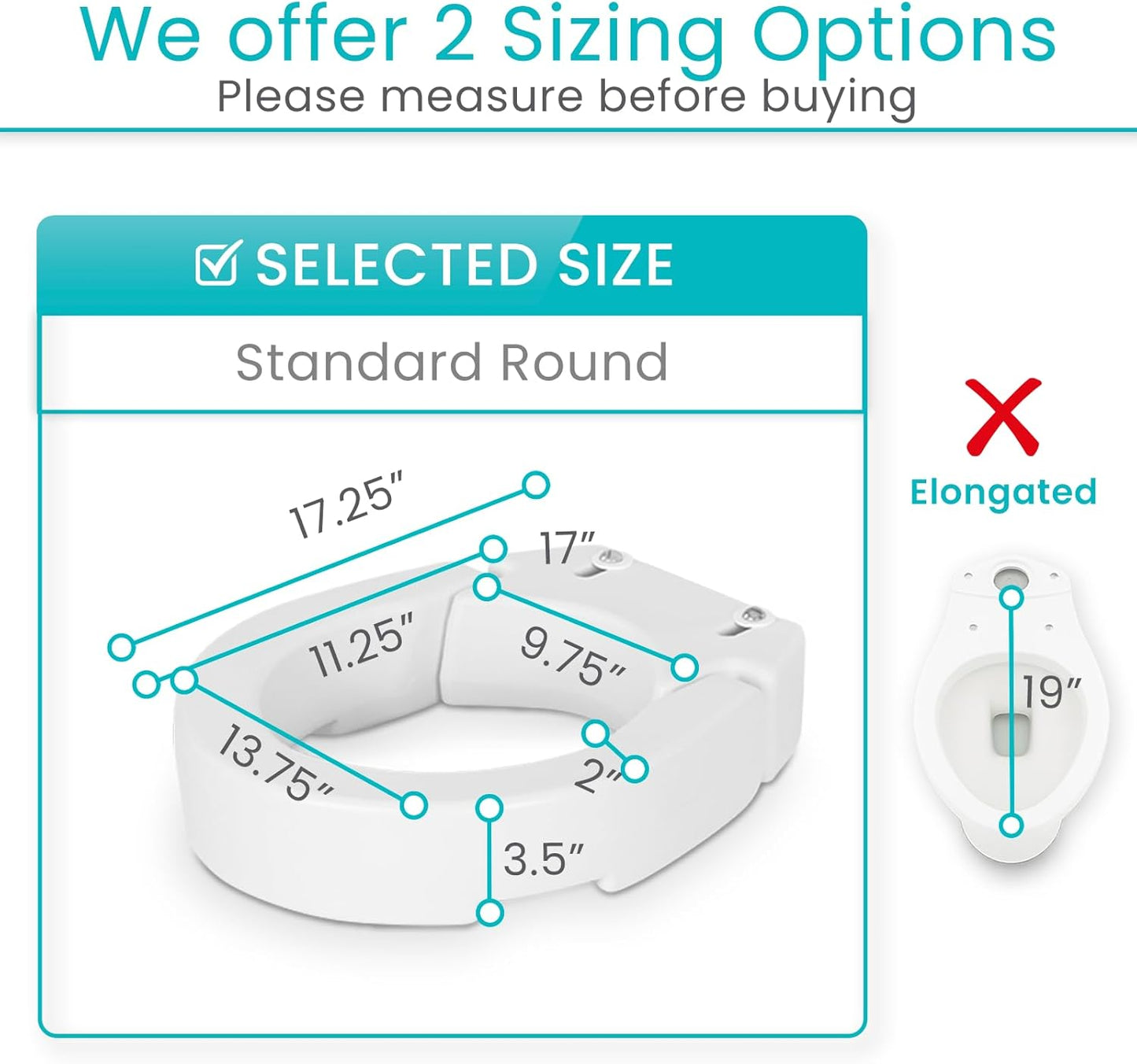 Raised Toilet Seat (Standard, Adds 3.5 Inches) - Elevated Toilet Seat Riser & Extender for Seniors & Handicap - High Rise Toilet Extension for Elderly - Portable Commode Toilet Booster for Adults
