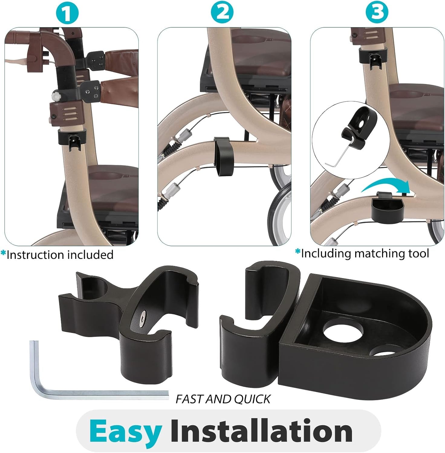 Cane Holder for Nitro Rollators with Flat Frame, Drive Walker Cane Holder, Adjustable Crutch Bracket for Wheelchairs, Rollators, Knee Scooters, Assistant Holder for Cane or Stick Users, Black