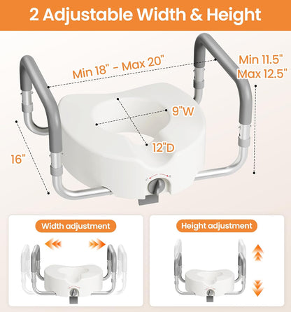 Toilet Seat Risers for Seniors, Adjustable Width & Height, 300 Lbs | Removable Padded Handles, Elevated Raised Toilet Seat for Elderly, Handicap, Fits Most Toilet, Dual-Locking System