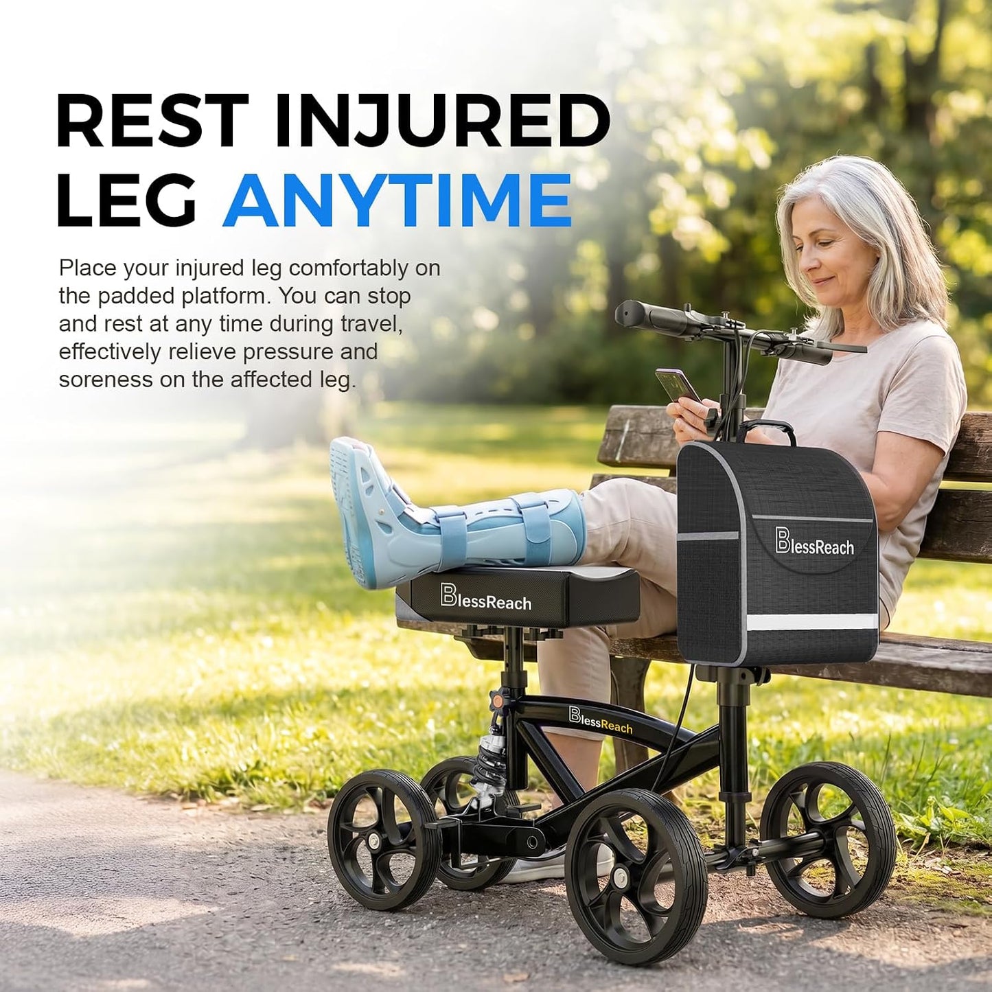 Steerable Knee Walker Deluxe Medical Scooter for Foot Injuries Compact Crutches, with Dual Rear On-Wheel Brake and Shock Absorption under the Knee Pad, Black