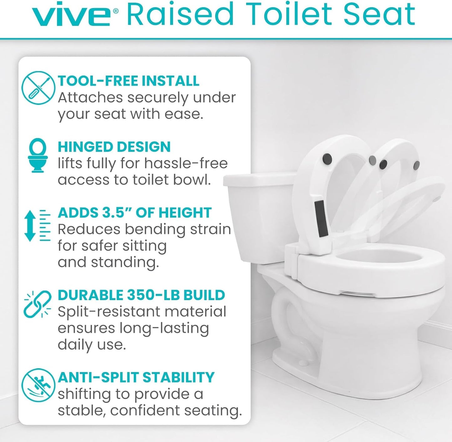 Raised Toilet Seat (Standard, Adds 3.5 Inches) - Elevated Toilet Seat Riser & Extender for Seniors & Handicap - High Rise Toilet Extension for Elderly - Portable Commode Toilet Booster for Adults