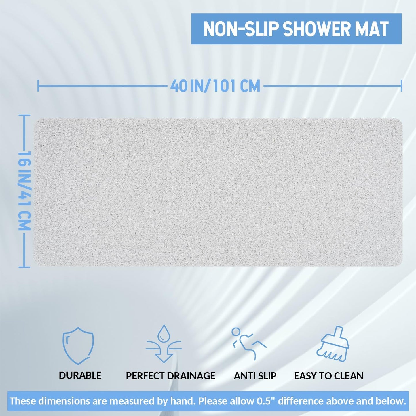 Non-Slip Bathtub Mat, anti Slip Shower Mat, Fast Drying Bathtub Mats, Foot Scrubber Mat, anti Slip Mat for Tub, Floor, Bathroom, Kitchen, Home, Hotel (White 40"×16")