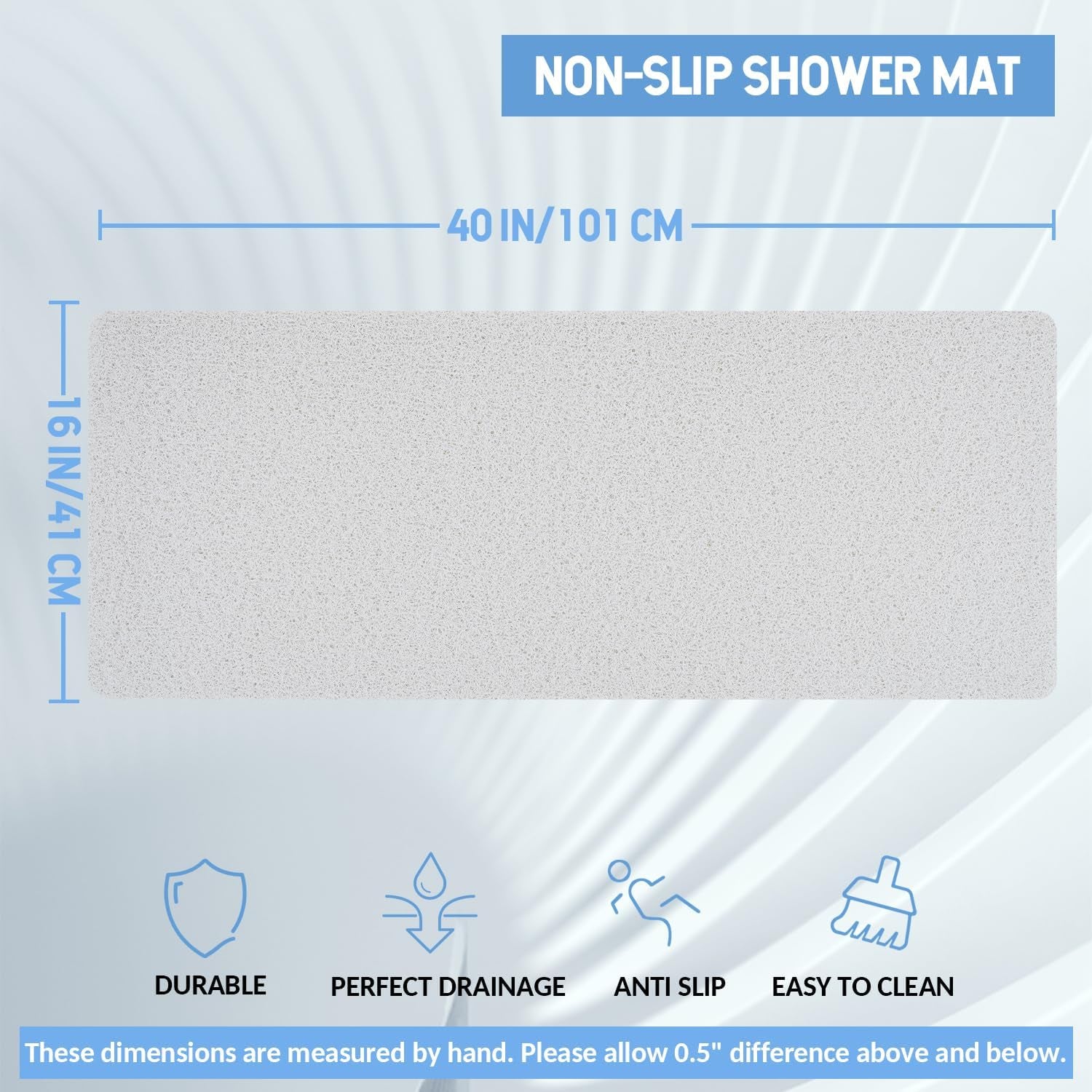 Non-Slip Bathtub Mat, anti Slip Shower Mat, Fast Drying Bathtub Mats, Foot Scrubber Mat, anti Slip Mat for Tub, Floor, Bathroom, Kitchen, Home, Hotel (White 40"×16")