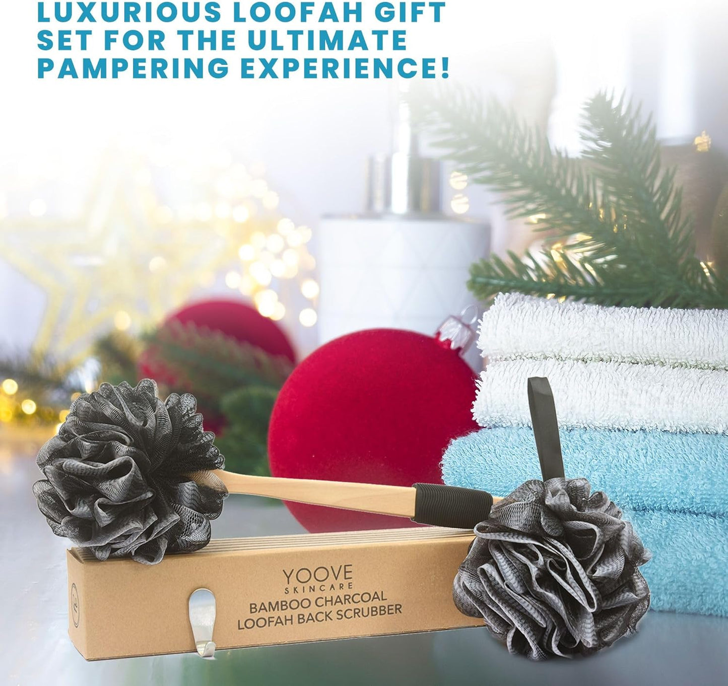 Bamboo Charcoal Infused Back Scrubber - Loofah with Handle | Exfoliating Shower Loofah for Men & Women - Features 1 Loofah on a Stick, 1 Loofa Pouf; Includes Hook (Black)