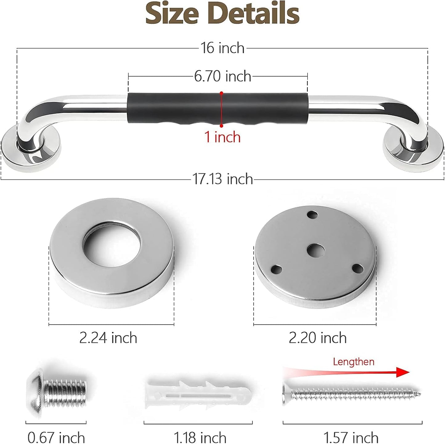 2 Pack Grab Bars for Showers 16 Inch anti Slip, Shower Grab Bars for Seniors, Handicap Grab Bars for Wall Bathroom, Safety Bath & Shower Handles for Elderly,
