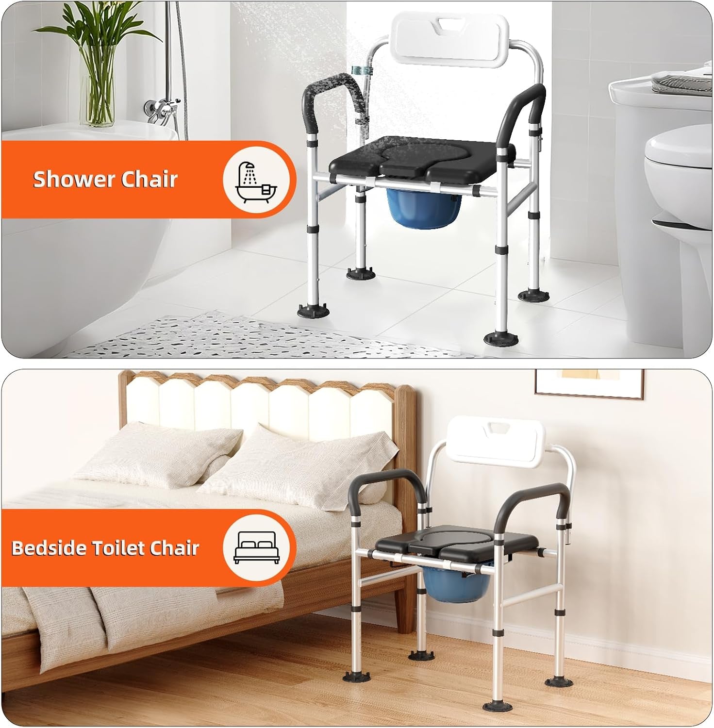 Heavy Duty Bedside Commode Chair with Adjustable Height and Width, Raised Toilet Seat with Arms Handles and Back Support for Elderly, Portable Bedside Toilet with Bucket (Width 20.4-22.44")