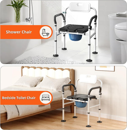 Heavy Duty Bedside Commode Chair with Adjustable Height and Width, Raised Toilet Seat with Arms Handles and Back Support for Elderly, Portable Bedside Toilet with Bucket (Width 20.4-22.44")