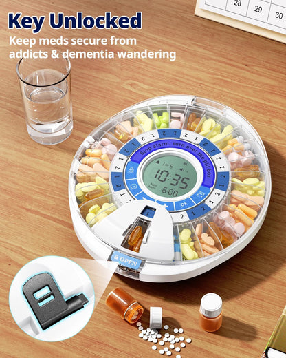 Automatic Pill Dispenser for Elderly - 28 Slots, Locking, Alarm & Light Reminder