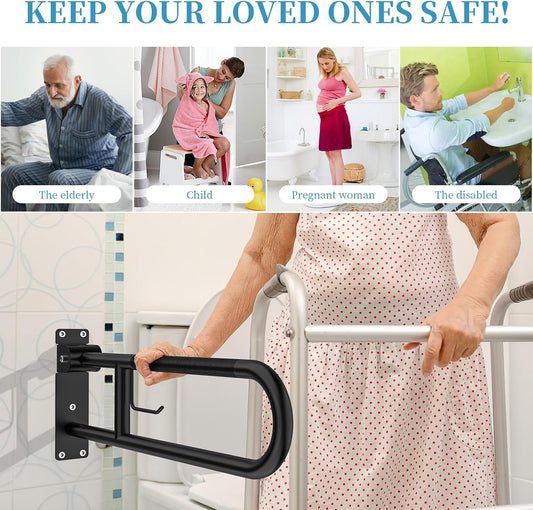 Toilet Grab Bar 32 Inch Black,  Anti-Slip Handicap Grab Bars with Paper Holder, Flip-Up Bathroom Safety Rails, Stainless Steel Knurled Support Handrails for Seniors Elderly Disabled Pregnant